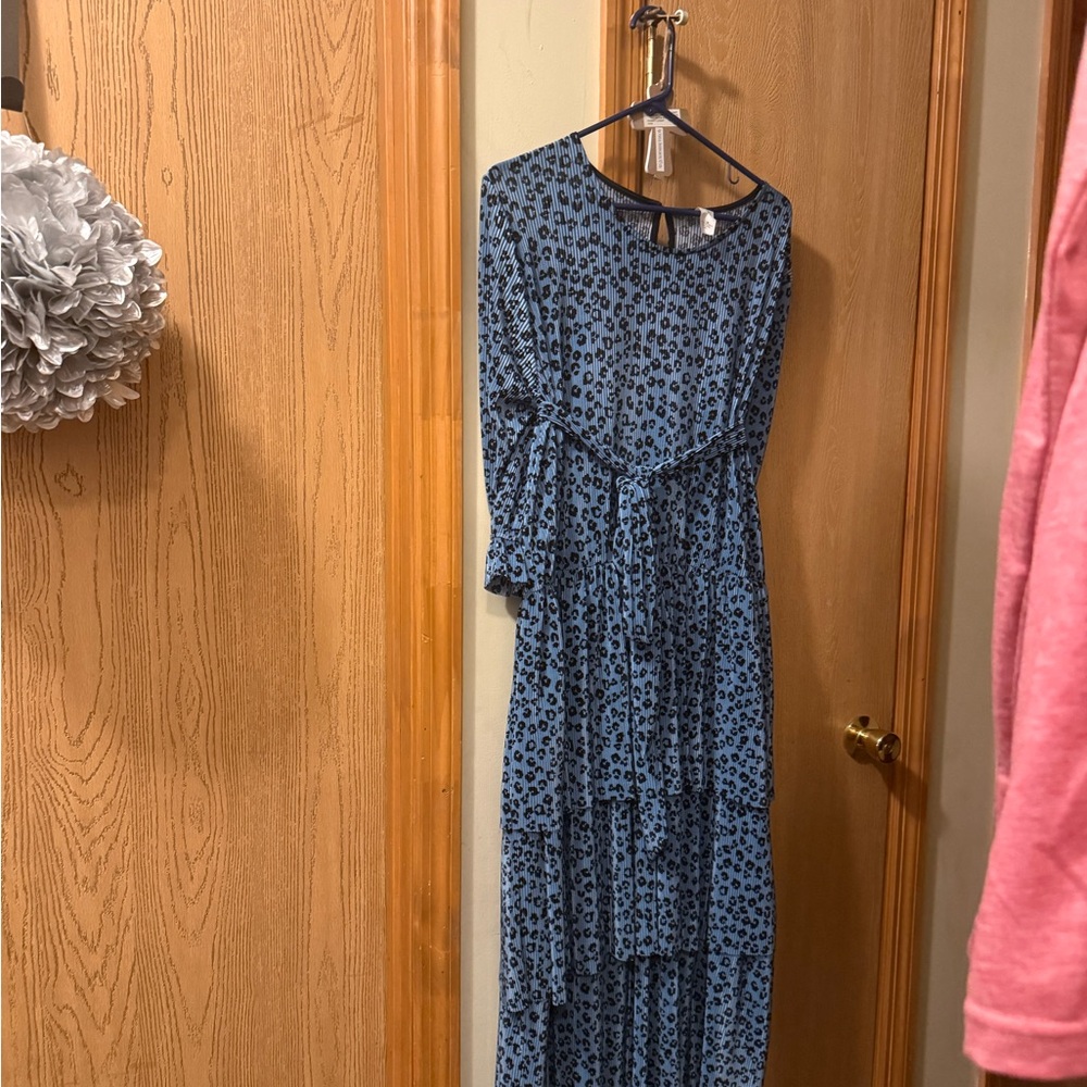 Blue Leopard Print Tiered Maxi Dress with Waist Tie